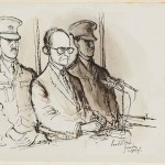 Adolf Eichmann im Gerichtssaal, 1961 (aus dem Skizzenbuch des Adolf Eichmann-Prozesses, Jerusalem 1961)